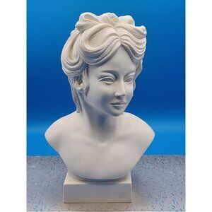 White Bust Elegant Woman Grecian Maiden Intricate Hairstyle Cast Marble Statue